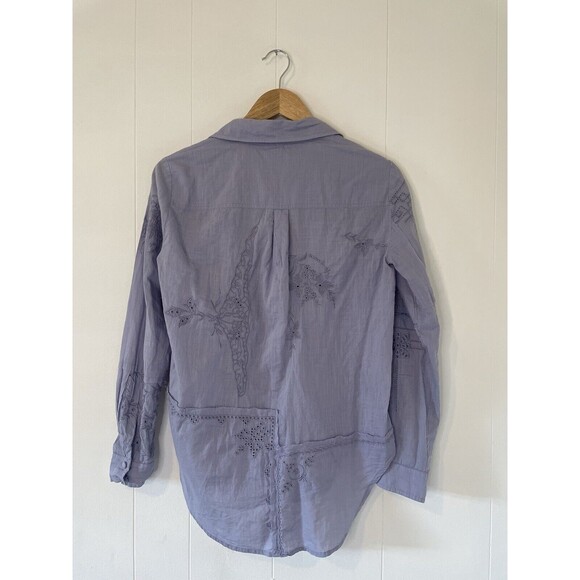 Anthropologie Button Down Embroidered Floral Shirt Cotton Western Boho Blue XXS - Picture 3 of 14